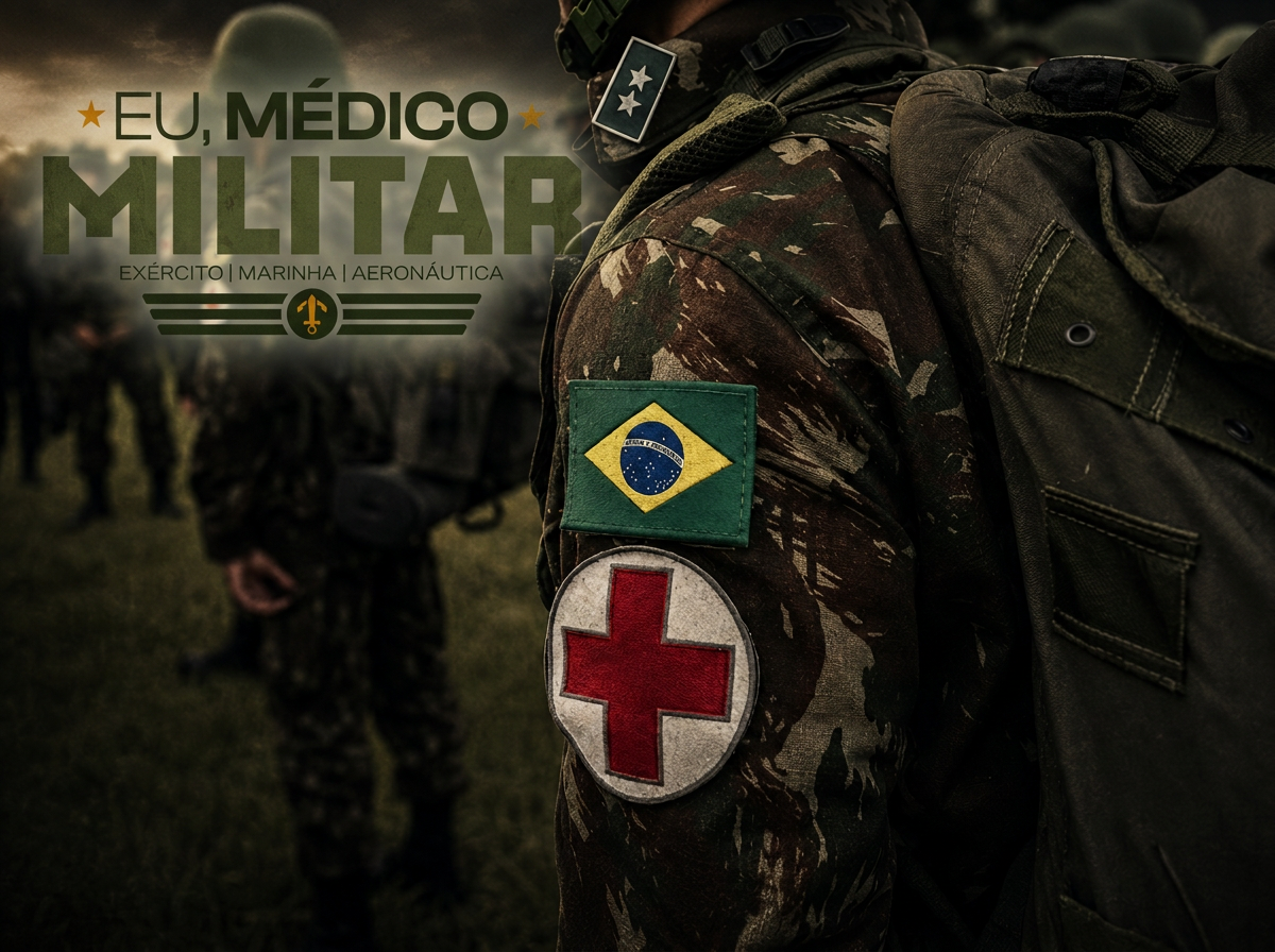 Oficial médico militar do Exército com a bandeira do Brasil e o emblema da Medicina
